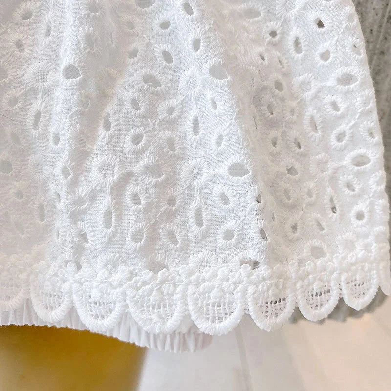 Korean Children's Clothing 2025 Summer Outfits Baby Sweet Hollow Cotton Halter Vest+Denims Shorts Kids Girls Casual Clothes Sets