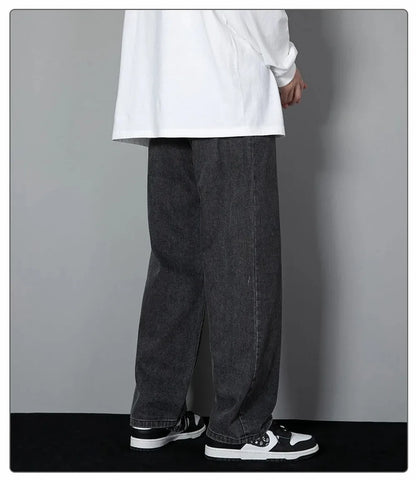 Korean Solid Colors Men's Casual Long Jeans Classic Man Four Seasons Straight Denim Wide-leg Pants Light Blue Grey Black 3XL