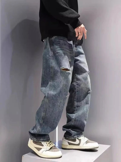 New Men's Ripped Jeans Baggy Straight Fashion Vintage Blue Denim Pants Personality Streetwear Hip Hop High Quality Male Trousers