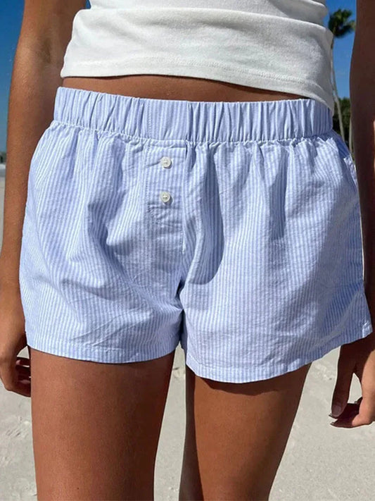 Striped Print Casual Shorts for Women Elastic Waist Fashion Button Bottoms Streetwear Chic Basic Y2K Loose Shorts