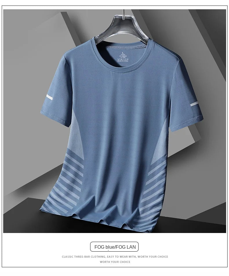 Running T-shirt Men Summer Ice Silk Thin Top Reflective Printing Quick Dry Short Sleeve Breathable Fitness Sports T-shirt 5XL
