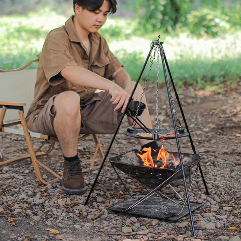 BBQ Triangular Bracket Multifunctional Versatile Grill Pot Rack Portable Adjustable with Chain Outdoor Camping Supplies