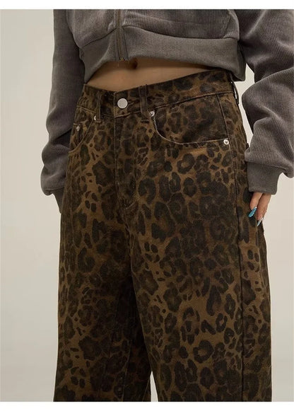 Vintage Leopard Jeans Women Denim Pants Female Spring Oversize Casual Wide Leg Trousers Streetwear Hip Hop Clothes Loose Y2K