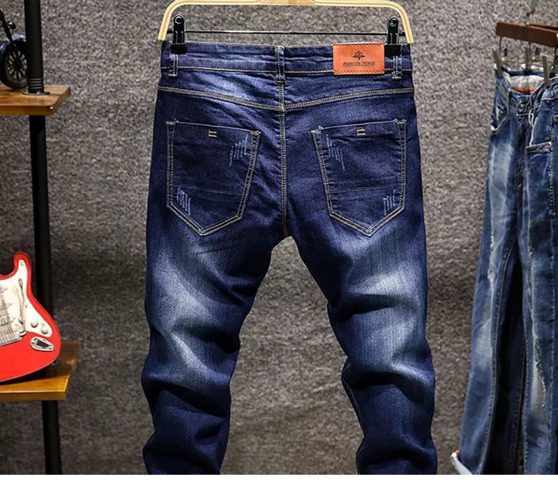 American Elastic Straight Jeans Men Ripped Worn-out Slim-fit Cotton Denim Pants Korean Style Fashion Blue Black Men's Clothing