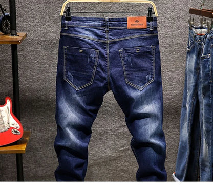 American Elastic Straight Jeans Men Ripped Worn-out Slim-fit Cotton Denim Pants Korean Style Fashion Blue Black Men's Clothing