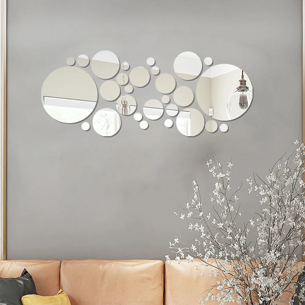 26PCs 3D Acrylic Mirror Wall Stickers Set round Adhesive Reflective Decorative Panel for Living Room Bedroom TV Background Decor