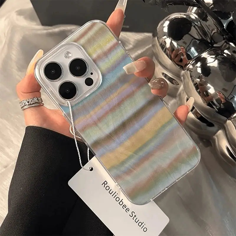 Korea Popular Rainbow Phone Case For IPHONE 16 PRO 11 12 13 14 15 Promax XS XR 7 8 Plus SE Minimalism Feather Pattern Cover Y2k