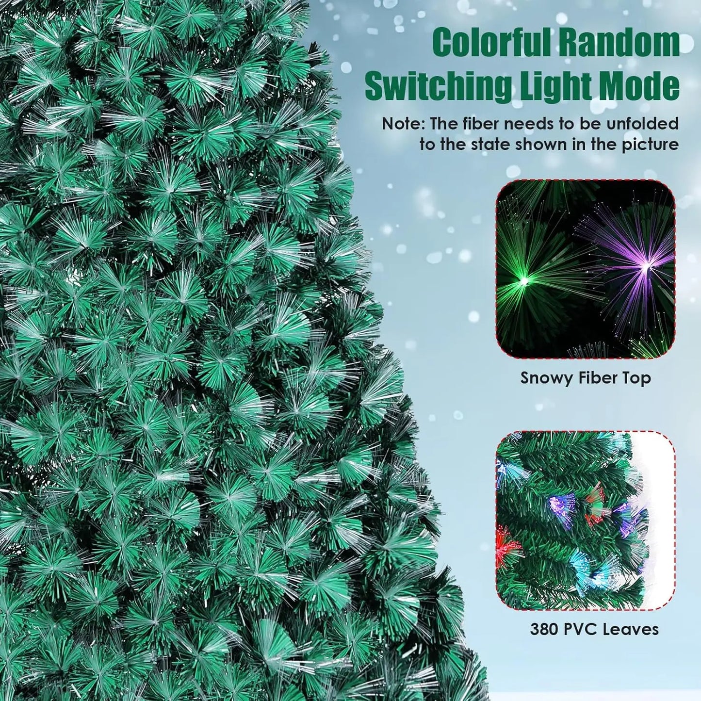 6-8-9-10ft Fiber Optic Christmas Tree, Pre-Lit Artificial Xmas Tree with Multicolor Changing Light, Top Star,Foldable Metal Base