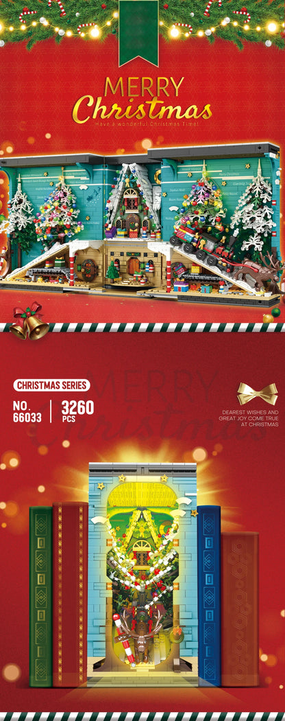 Christmas Bookends Building Blocks,3260 PCS DIY Christmas Tree Elk  Book Nook Blocks Set with LED Light, Gift for Adults 6+ Kids