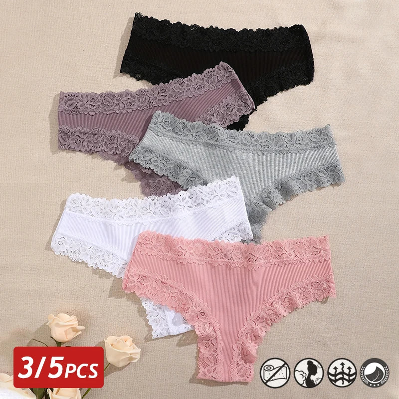 3/5PCS Lace Seamless Cotton Panties Ribbed Brazilian Pants Low Waist Women Panties Breathable Girls Underwear Plus Size Lingerie