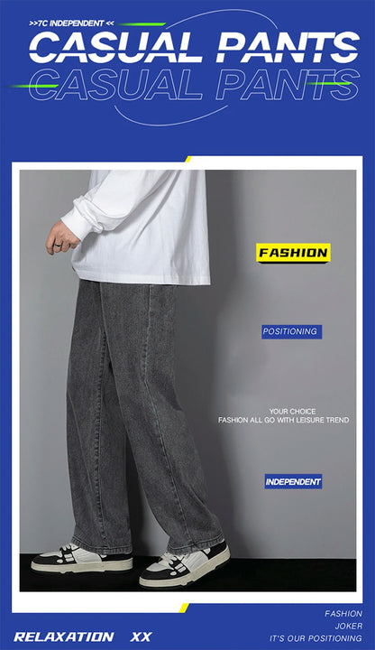 Korean Solid Colors Men's Casual Long Jeans Classic Man Four Seasons Straight Denim Wide-leg Pants Light Blue Grey Black 3XL