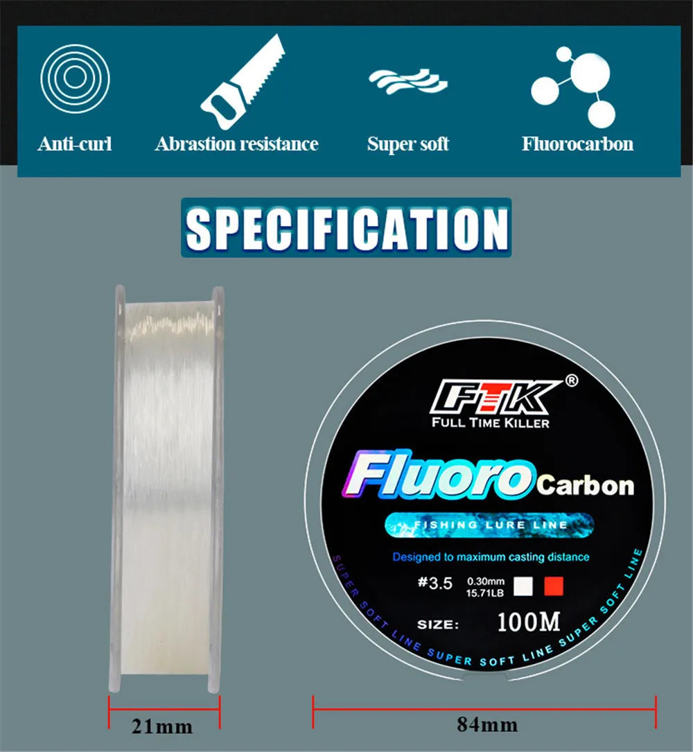 100m Fluorocarbon Bait Fishing Line, Carbon Fiber Fly Fishing, Wild Fishing, Sea Fishing, Fishing Accessories, Tools, Outdoor