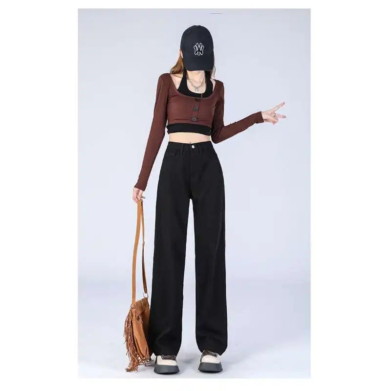Woman Vintage Wide Leg Jeans Girls High Waist Pants Female Fashion Black Black Grey Retro Blue Light Blue Pink Denim Trousers