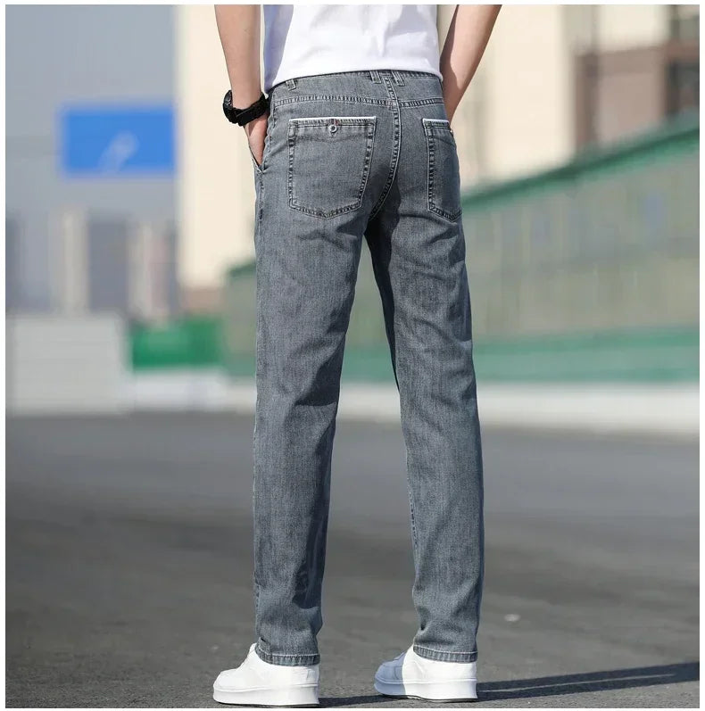 KUBRO 2024 Summer New Men's Loose Stretch Gray Jeans Fashion Casual Stretch Straight-leg Denim Pants Male Light Blue Brand