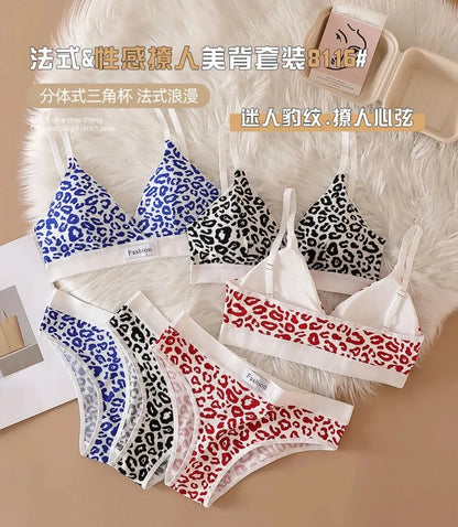 Women Seamless Bra Set Low Waist Panties Leopard Bralette Sexy Lingerie Set Vneck Sport Brassiere Female Cotton Underwear Set