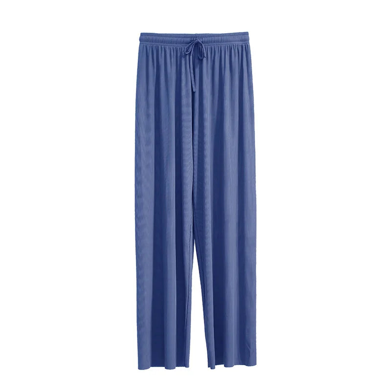 Women Ankle-Length Wide Leg Pants Casual Summer Solid Elastic Waist Loose Ice Silk Pants Spring Summer Female Trousers