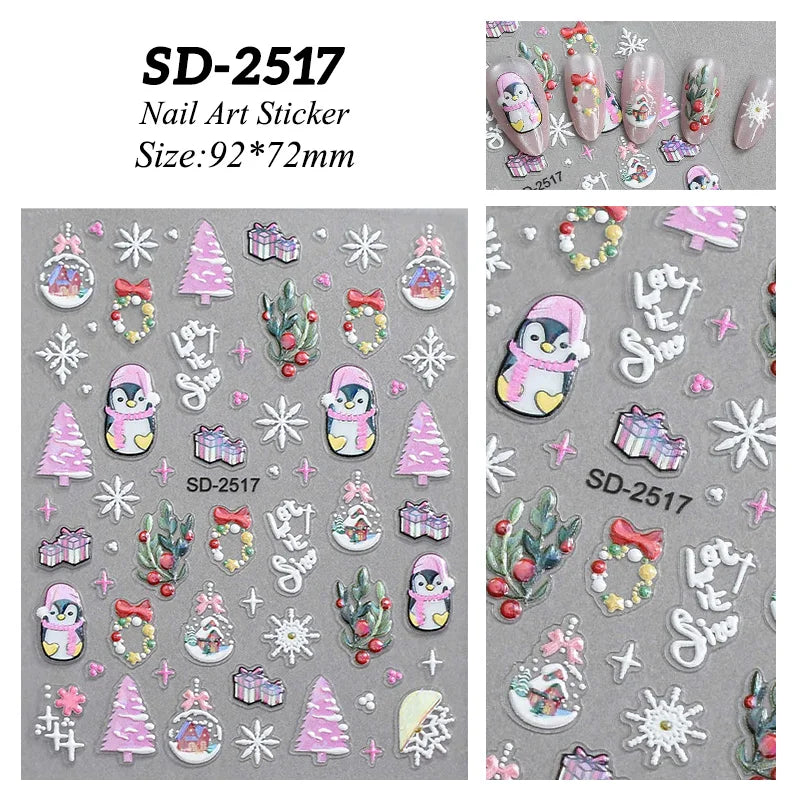 1 Sheet Embossed Snowflakes 5D Nail Stickers Decal Winter Christmas Nail Art Decoration Manicure Butterfly Nail Stickers Design