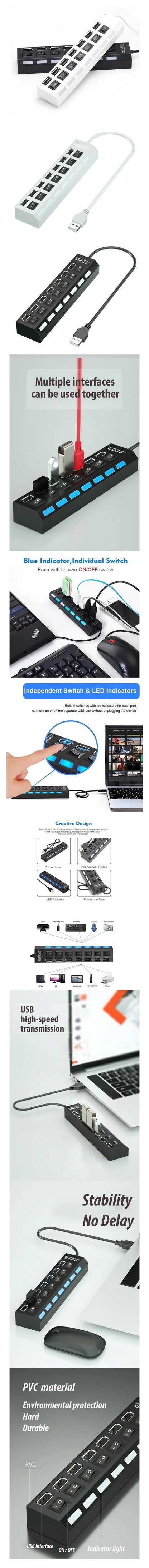 USB Hub 7 Port Multi USB Splitter Power Adapter Multiple Expander With On Off Switch For PC Laptop MacBook Accessories