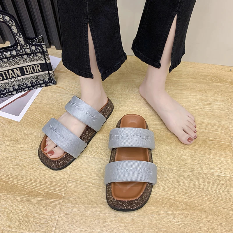 Women's Shoes Alphabet Fashion Casual Slippers 2022 New Summer Thick Bottom Non-slip Medium Heel Sandals for Outer Wear