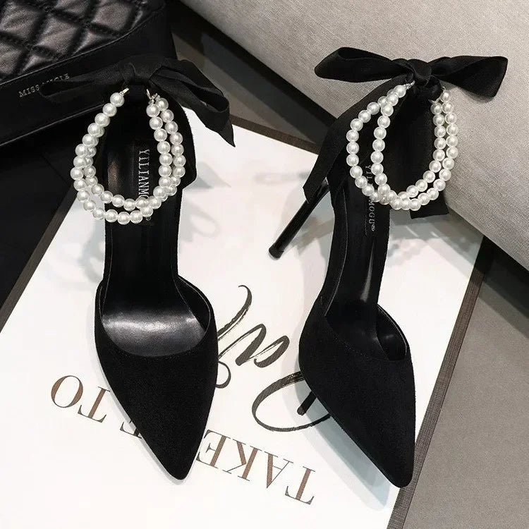 Shoes for Women 2023 Brand Spring Women's Pumps Pointed Toe Solid Flock Beads Bow Tie Buckle Shallow Mouth Novelty High Heels