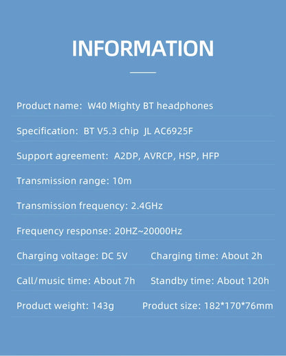 HOCO W40 Bluetooth 5.3 Wireless Headphone Music Headset 40mm Drivers Hands-Free Earphones Support AUX TF HiFi Sport Headphone