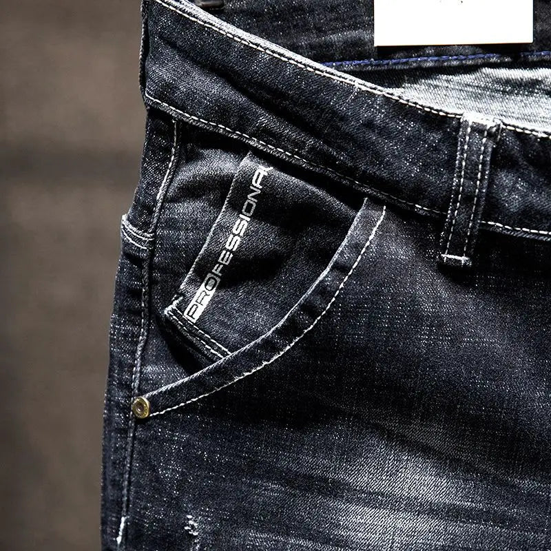 American Elastic Straight Jeans Men Ripped Worn-out Slim-fit Cotton Denim Pants Korean Style Fashion Blue Black Men's Clothing