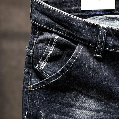 American Elastic Straight Jeans Men Ripped Worn-out Slim-fit Cotton Denim Pants Korean Style Fashion Blue Black Men's Clothing