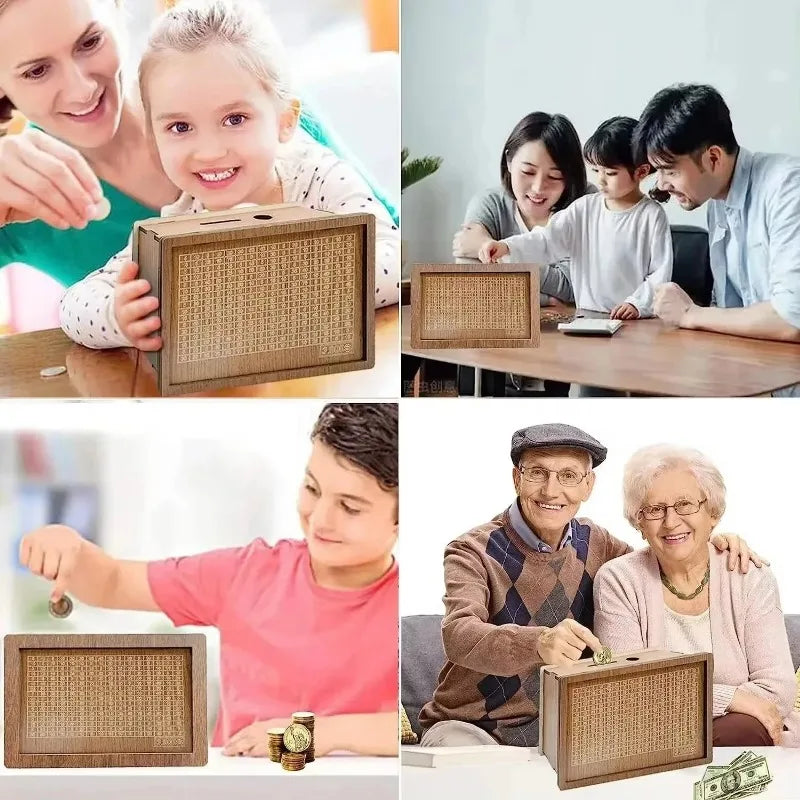 1 Pcs Wooden DIY Piggy Bank Reusable Handmade Money Box, Piggy Bank with Saving Goal and Numbers To Help The Habit of Saving