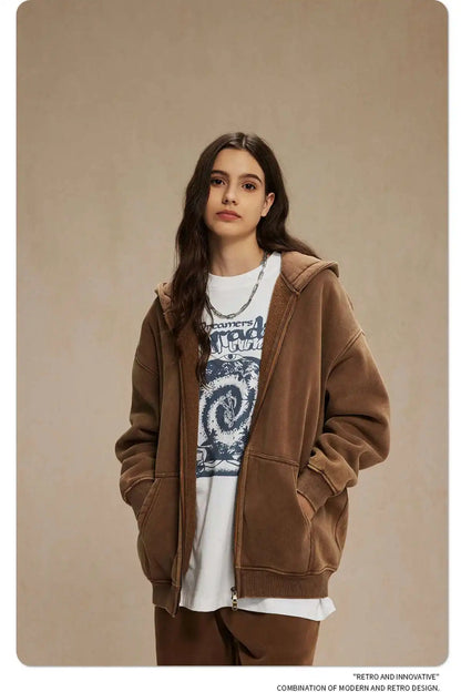 IEFB Men's Wear Wax Printing Vintage Male Hoodies Oversized Loose Zipper Water Washed Plush Sweatshirt Trendy New 9C9349