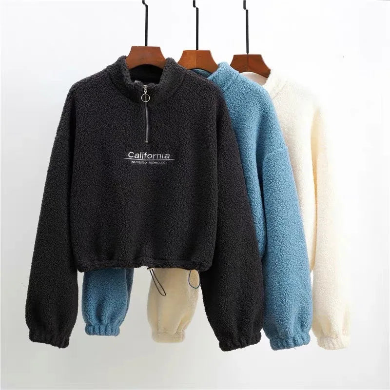 Women Letter Embroidery Stand Neck Fleece Cropped Hoodies Autumn Long Sleeve Drawstring Sweatshirt New Casual Plush Velvet Tops