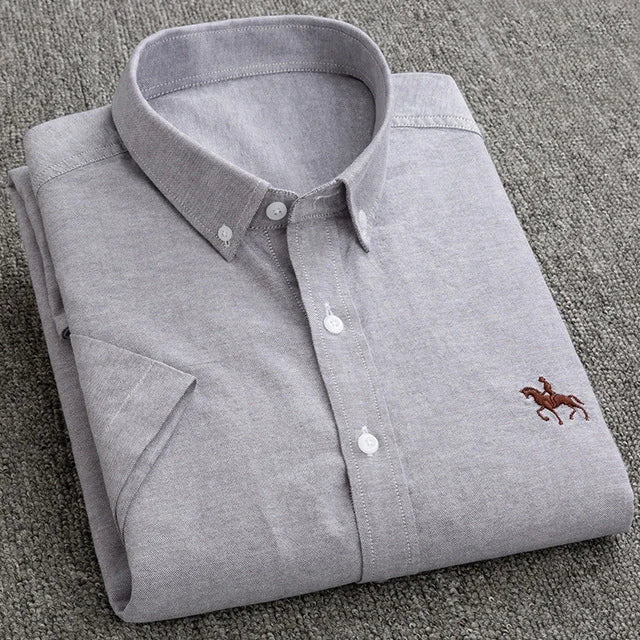 100% Pure Cotton Oxford Shirt For Men’s Short Sleeve Solid Stripe Leisure Embroidered Horse Social Business Formal Dress Shirts