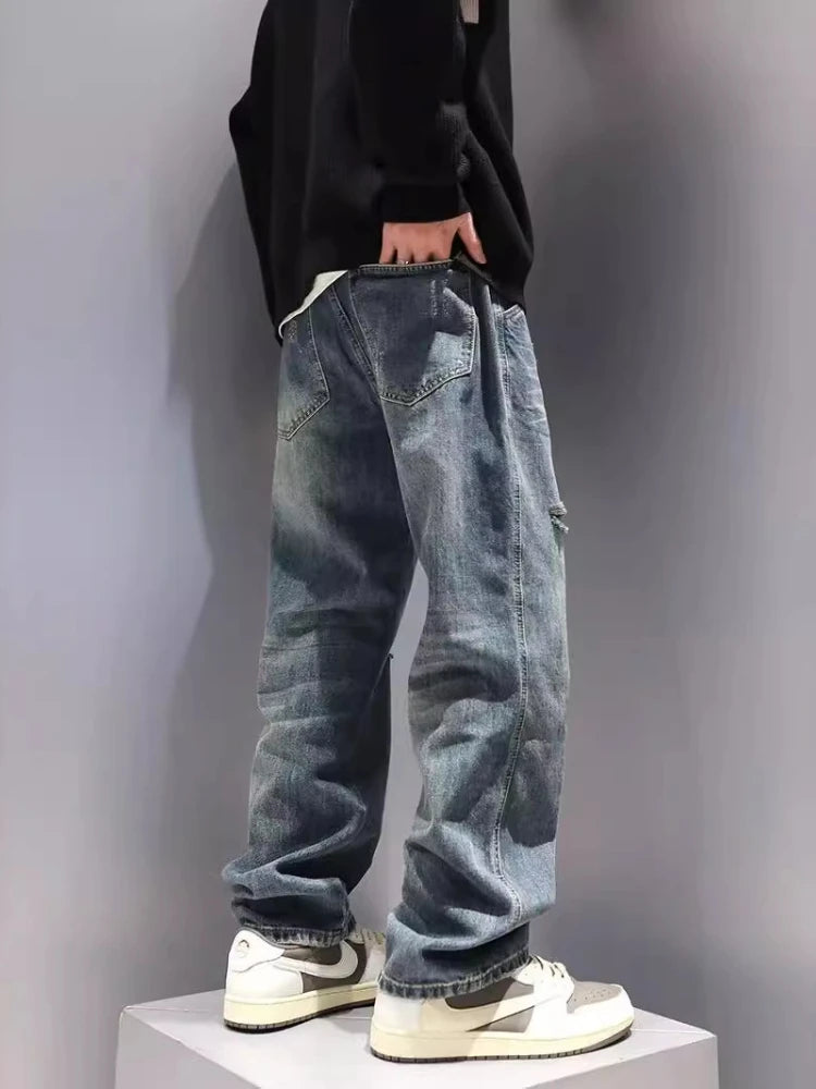 New Men's Ripped Jeans Baggy Straight Fashion Vintage Blue Denim Pants Personality Streetwear Hip Hop High Quality Male Trousers