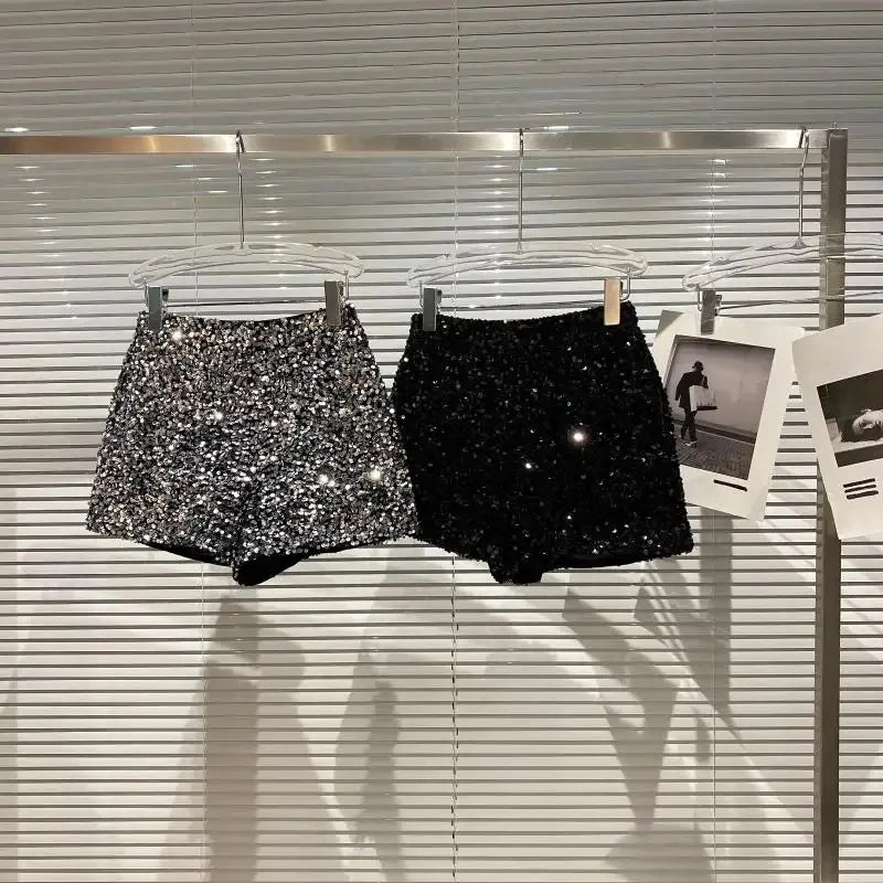 New Autumn Black Velvet Shorts Women Sequined Shiny Versatile Short Pants Clubwear Shorts Hot Pants High Street