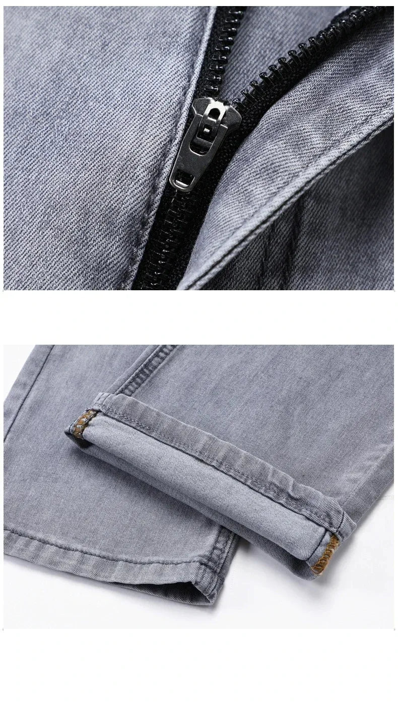 Summer Elastic Men's Jeans Fashion Gray Comfortable Business Straight Stretch Cotton Casual Denim Pants Brand Male Thin Trousers