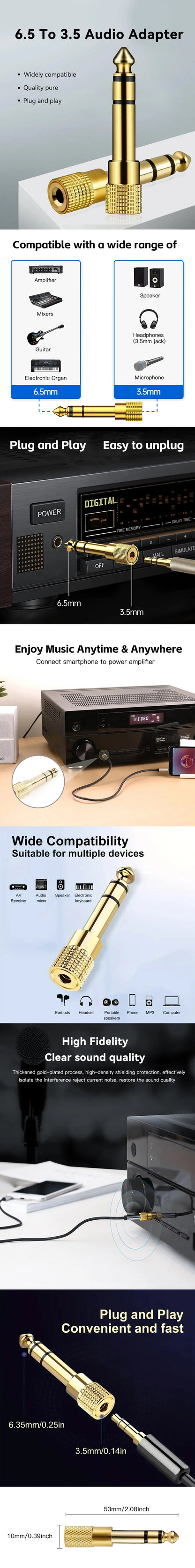 liulz Jack 6.5 6.35mm Male Plug to 3.5mm Female Connector Gold Plating Headphone Microphone AUX Audio Plug