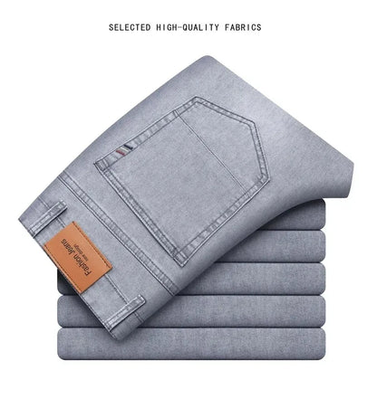Summer Elastic Men's Jeans Fashion Gray Comfortable Business Straight Stretch Cotton Casual Denim Pants Brand Male Thin Trousers