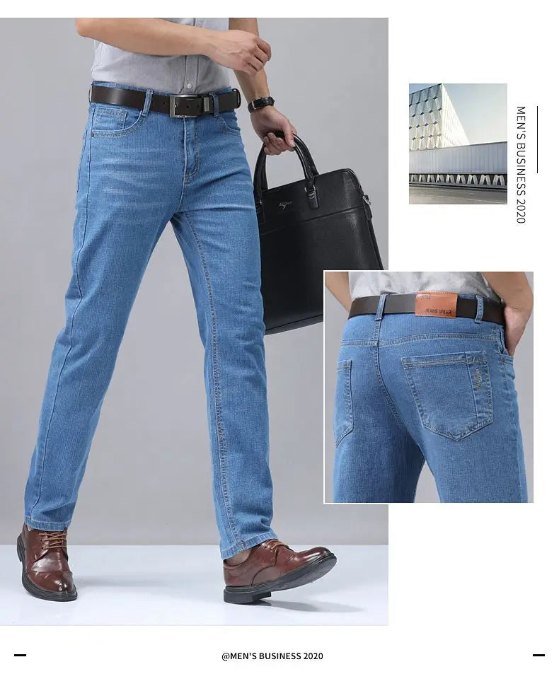 2025 Four Seasons New Men's Denim Business Pants High Quality Good Fabric Comfortable Slimming Straight leg Jeans Light Blue