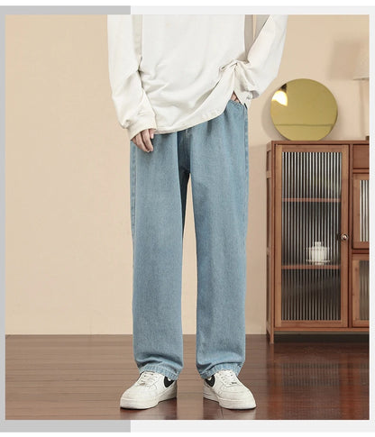 2023 New Korean Fashion Men's Casual Ankle-Length Jeans Classic Man Straight Denim Wide-leg Pants Light Blue Grey Black 3XL