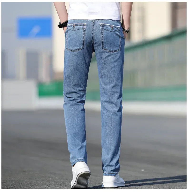 KUBRO 2024 Summer New Men's Loose Stretch Gray Jeans Fashion Casual Stretch Straight-leg Denim Pants Male Light Blue Brand