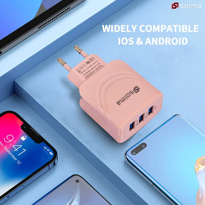 EU Plug 3 Ports USB Charger Charge For Mobile Phone Plug Charging Adapter Portable Wall Mobile Charger