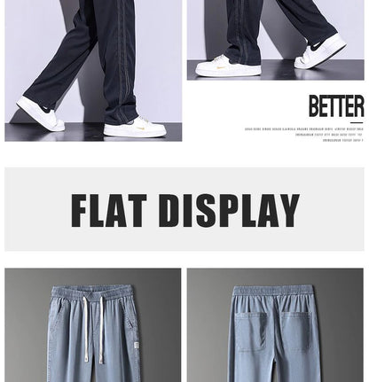 Summer soft Lyocell fabric men's jeans loose straight leg pants drawstring elastic waist Korean casual pants plus size M-5XL