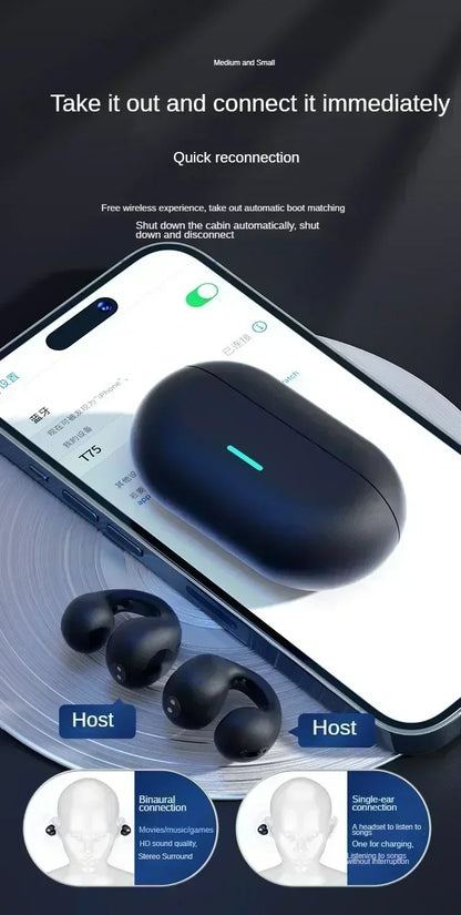 New Fone Bluetooth Headset 5.3 Wireless Air Conduction Headphones Clip Ear Music Noise Canceling HD Call Sports Gaming Earphone