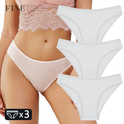 FINETOO 3PCS/SET Women's Cotton Panties Soft Striped Underpants Sexy Solid Color Briefs Female Comfortable Stretch Lingerie M-XL