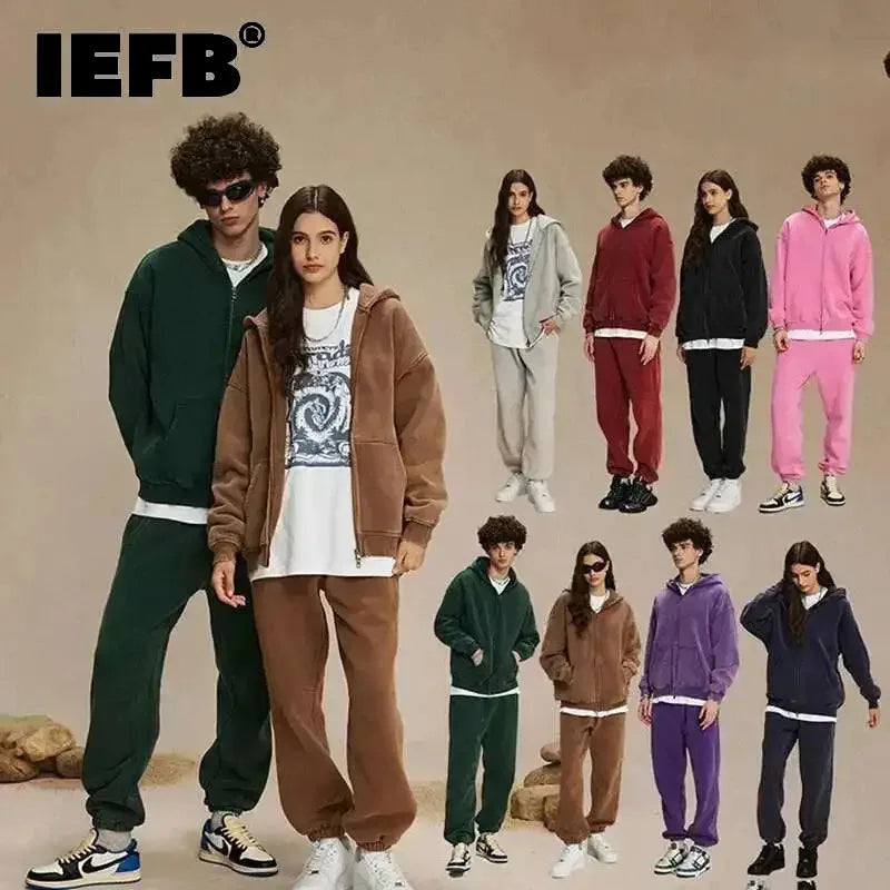 IEFB Men's Wear Wax Printing Vintage Male Hoodies Oversized Loose Zipper Water Washed Plush Sweatshirt Trendy New 9C9349