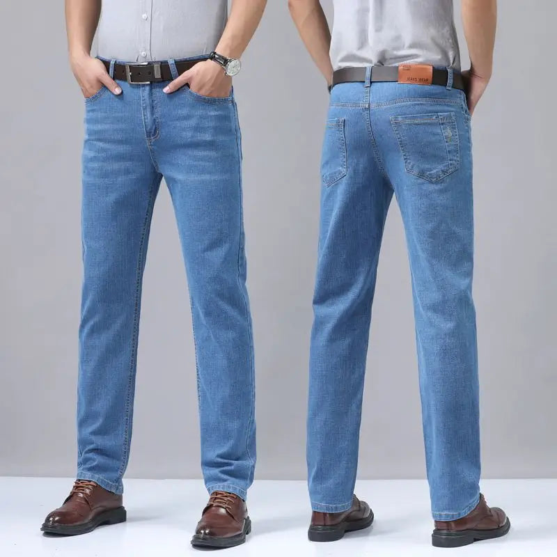2025 Four Seasons New Men's Denim Business Pants High Quality Good Fabric Comfortable Slimming Straight leg Jeans Light Blue