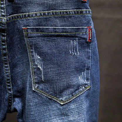 American Elastic Straight Jeans Men Ripped Worn-out Slim-fit Cotton Denim Pants Korean Style Fashion Blue Black Men's Clothing
