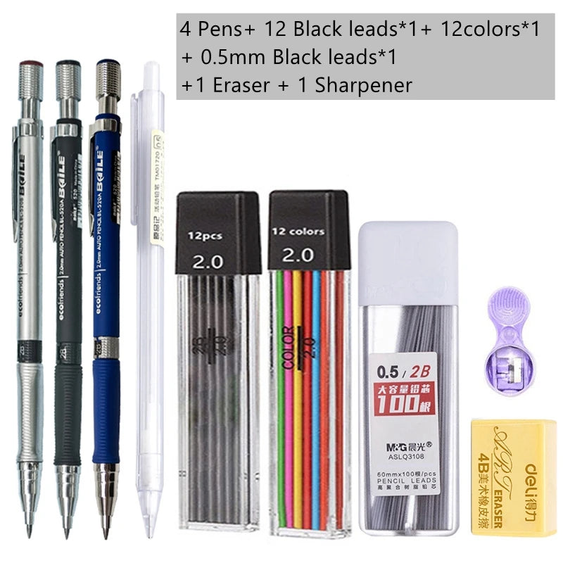Mechanical Pencil Set 2.0 mm with 2B Black/Colors Lead Refill For Writing Sketching Art Drawing Painting School Automatic Pencil