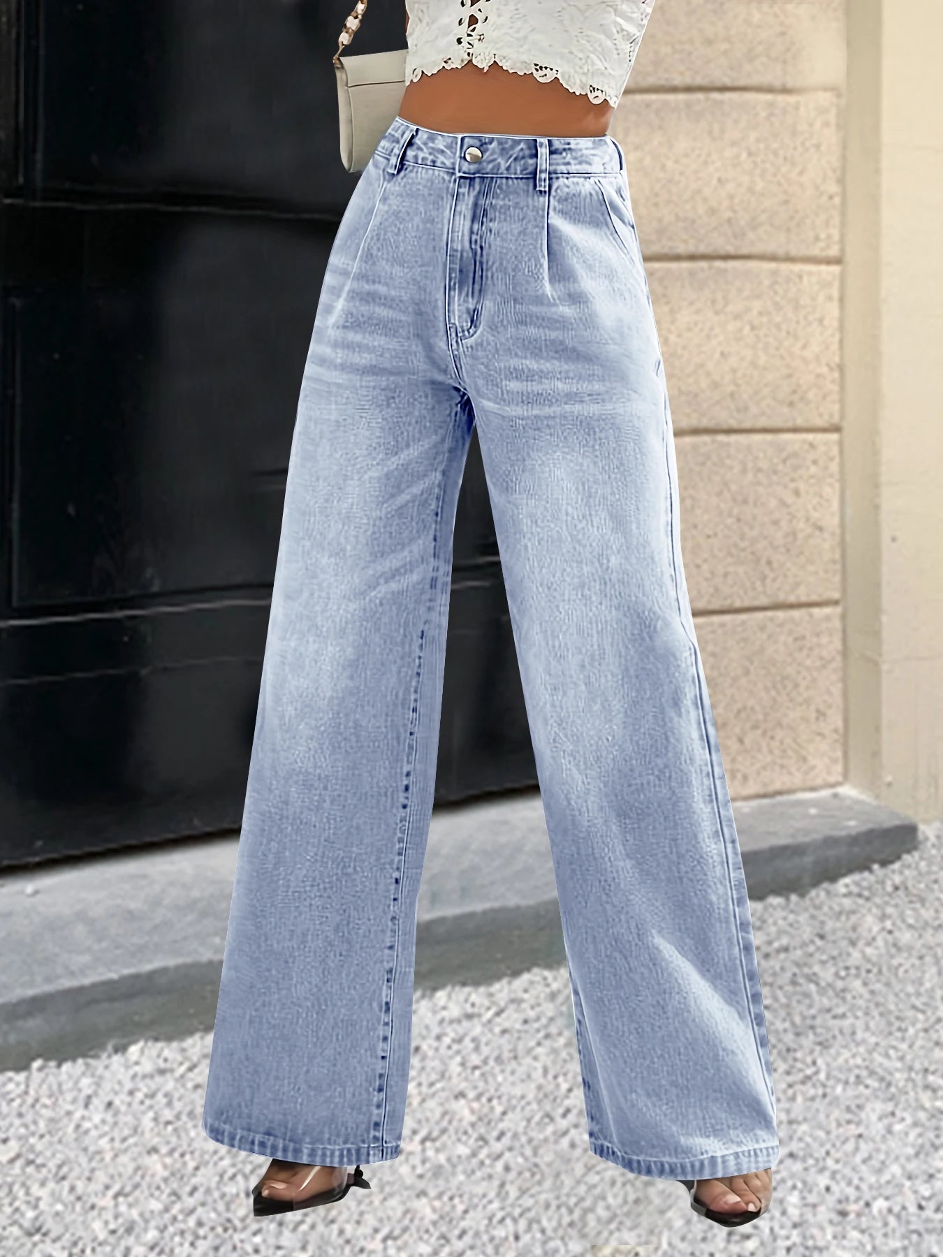 New women's cross-border European and American style solid color jeans women's straight wide leg pants casual all-match