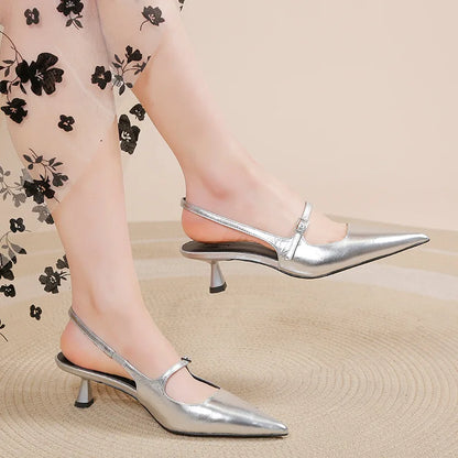 Shoes for Women 2025 New Pointed Toe Women's High Quality Slingback Sandals Simple and Elegant Dress Shoes Silver Heels Women