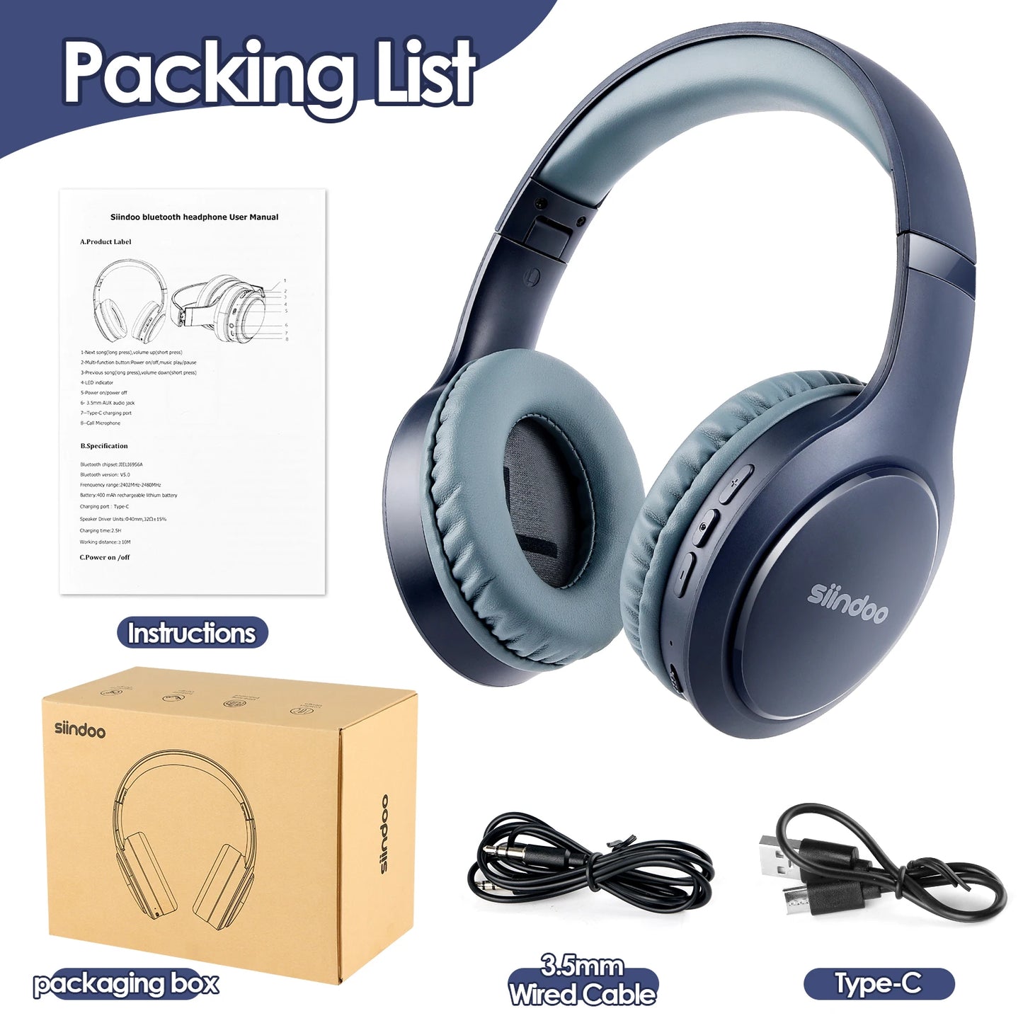 Siindoo Wireless Bluetooth Headphones 3 Colors Foldable Stereo Earphones Super Bass Noise Canceling Mic Headset JH-919 For TV PC